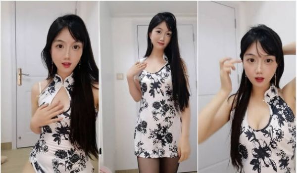 情趣旗袍装韵味美少妇,经典吊带丝袜诱惑,奶子有点