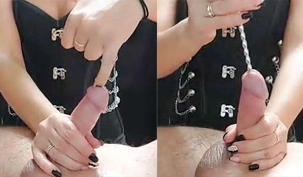 男性尿道探索指甲插入马眼边按摩边插入铁管